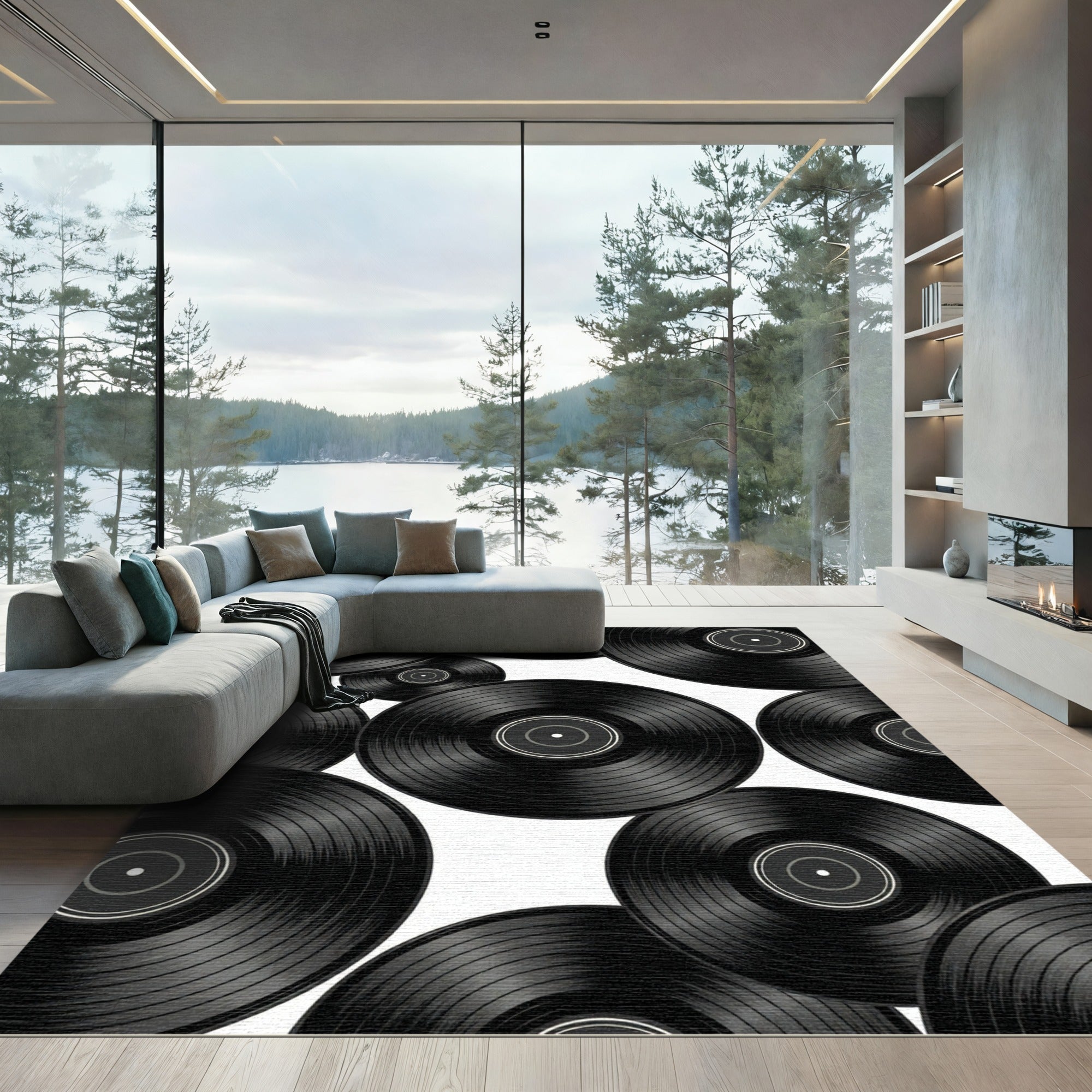 Monochromatic Retro Vinyl Record Collage Rug