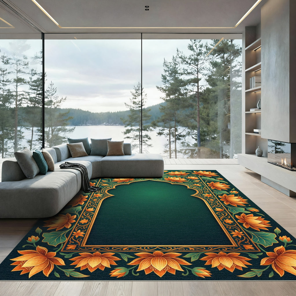 Golden Lotus Floral Emerald Frame Rug