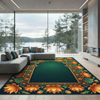Golden Lotus Floral Emerald Frame Rug