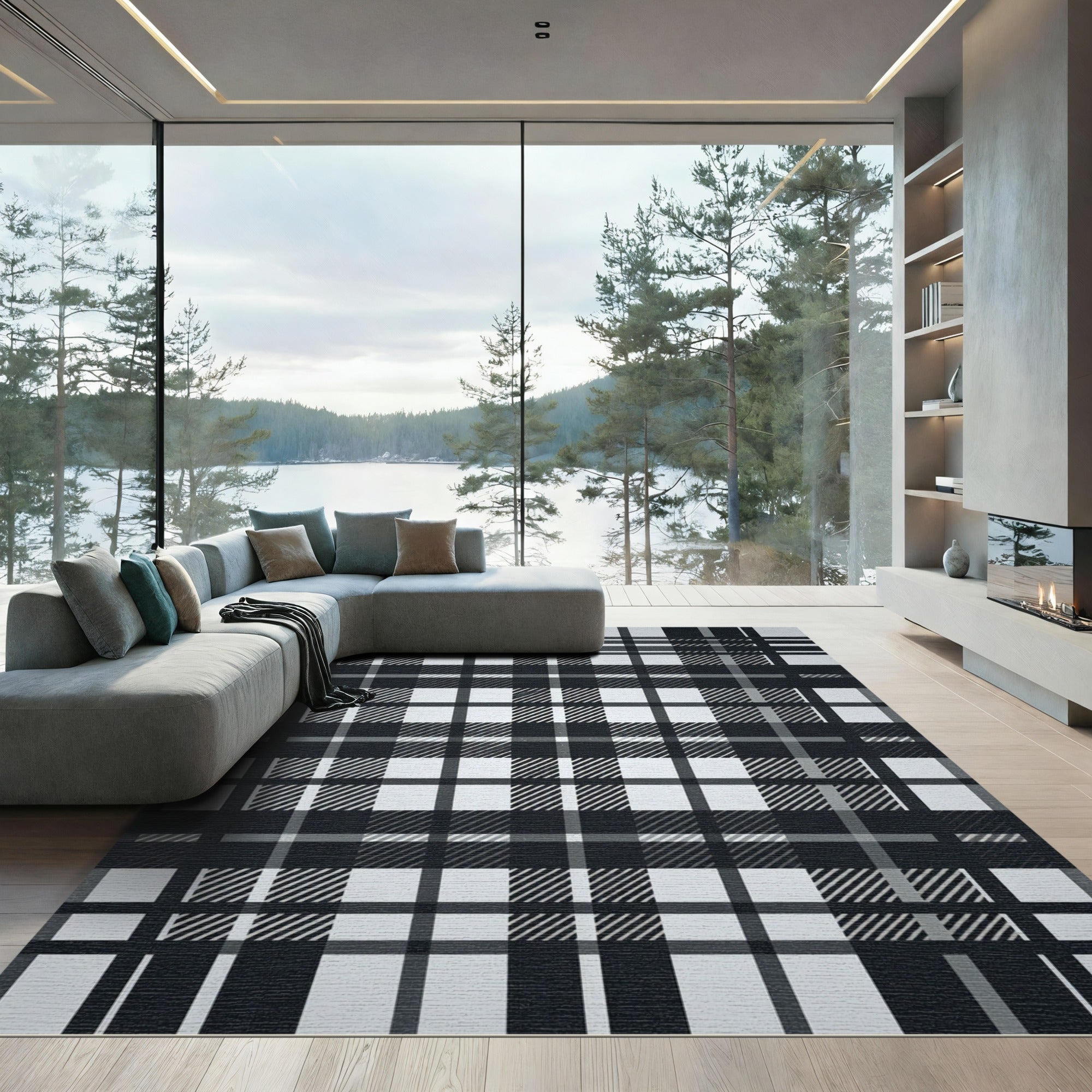 Monochromatic Black And White Plaid Rug