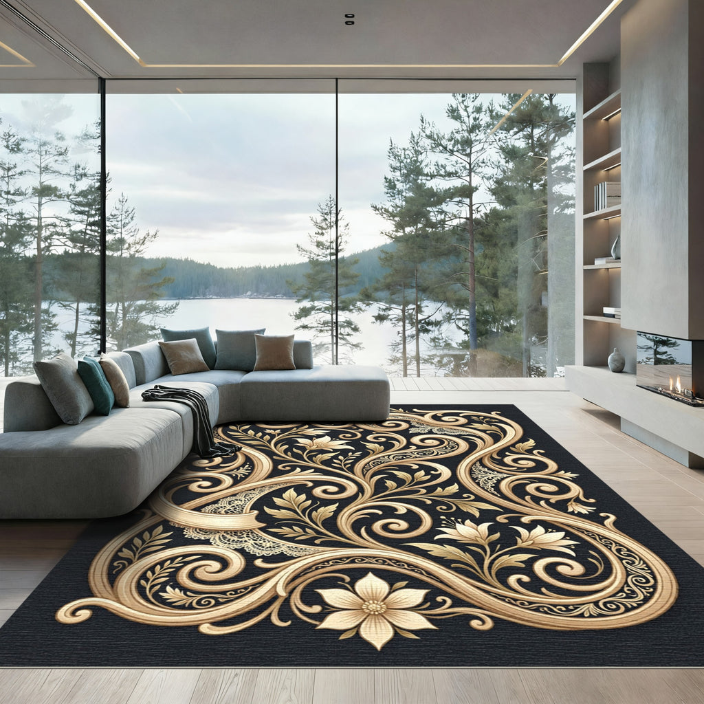 Ornate Gold Floral Scroll Lace Rug