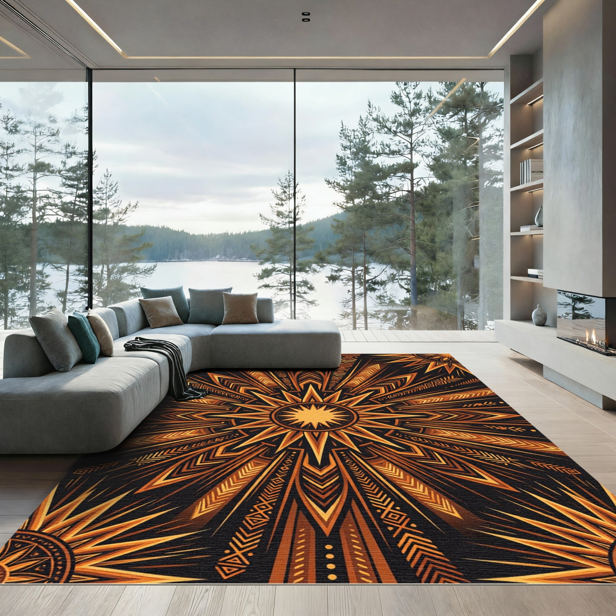 Radiant Sunburst Golden Amber Geometric Art Rug
