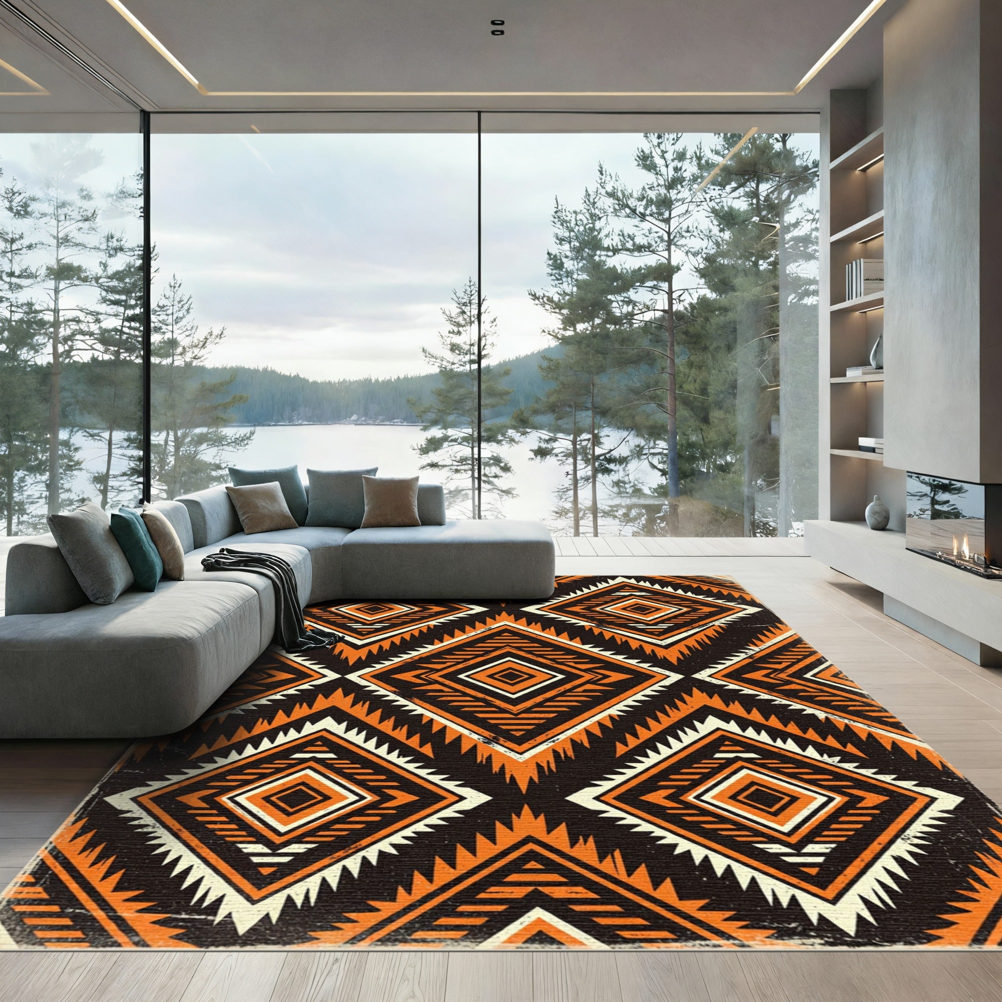 Orange Black Diamond Geometric Kilim Rug