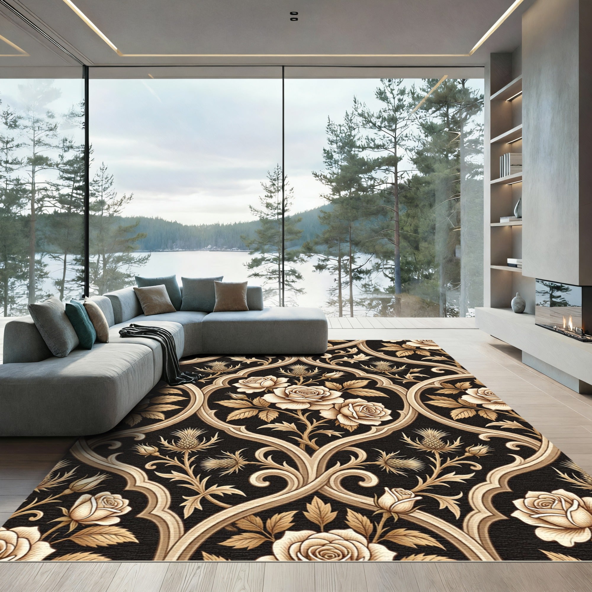 Cream Rose Thistle Scrollwork Pattern Rug