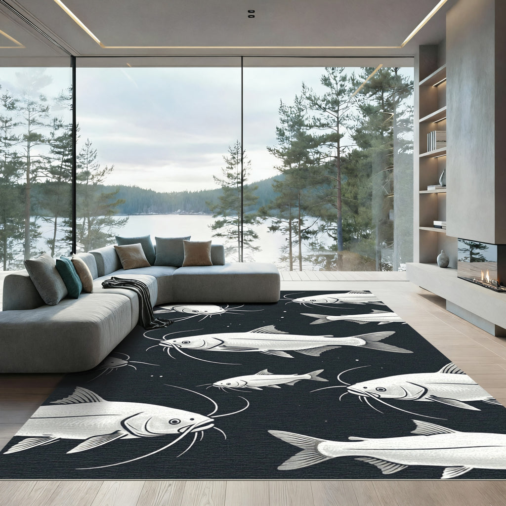 Monochrome Catfish School Dark Aquatic Art Rug