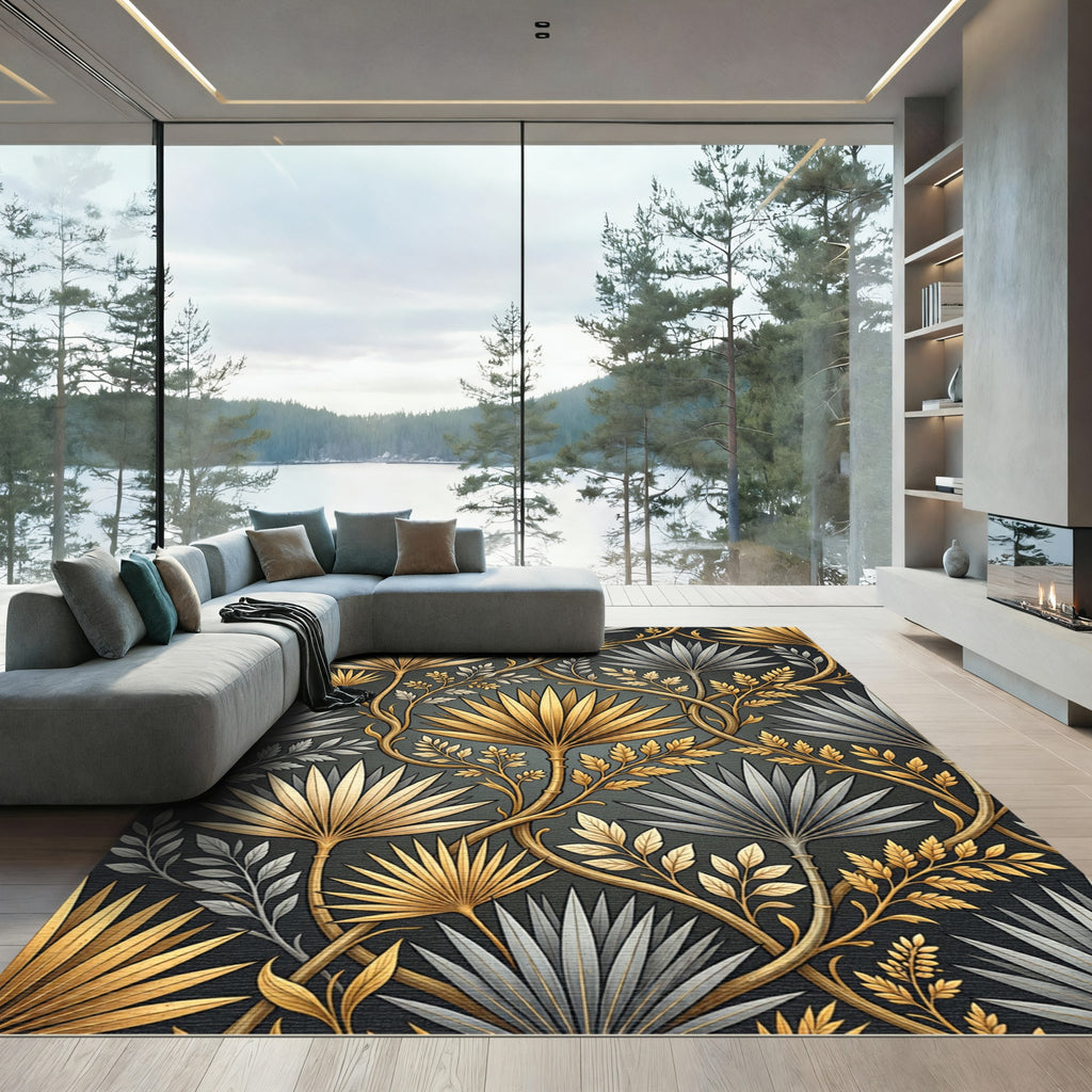 Opulent Gold Silver Palm Leaf Art Nouveau Rug