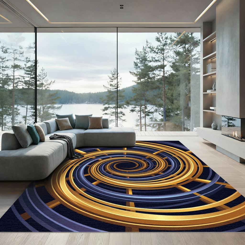 Gold and Navy Celestial Spiral Vortex Rug