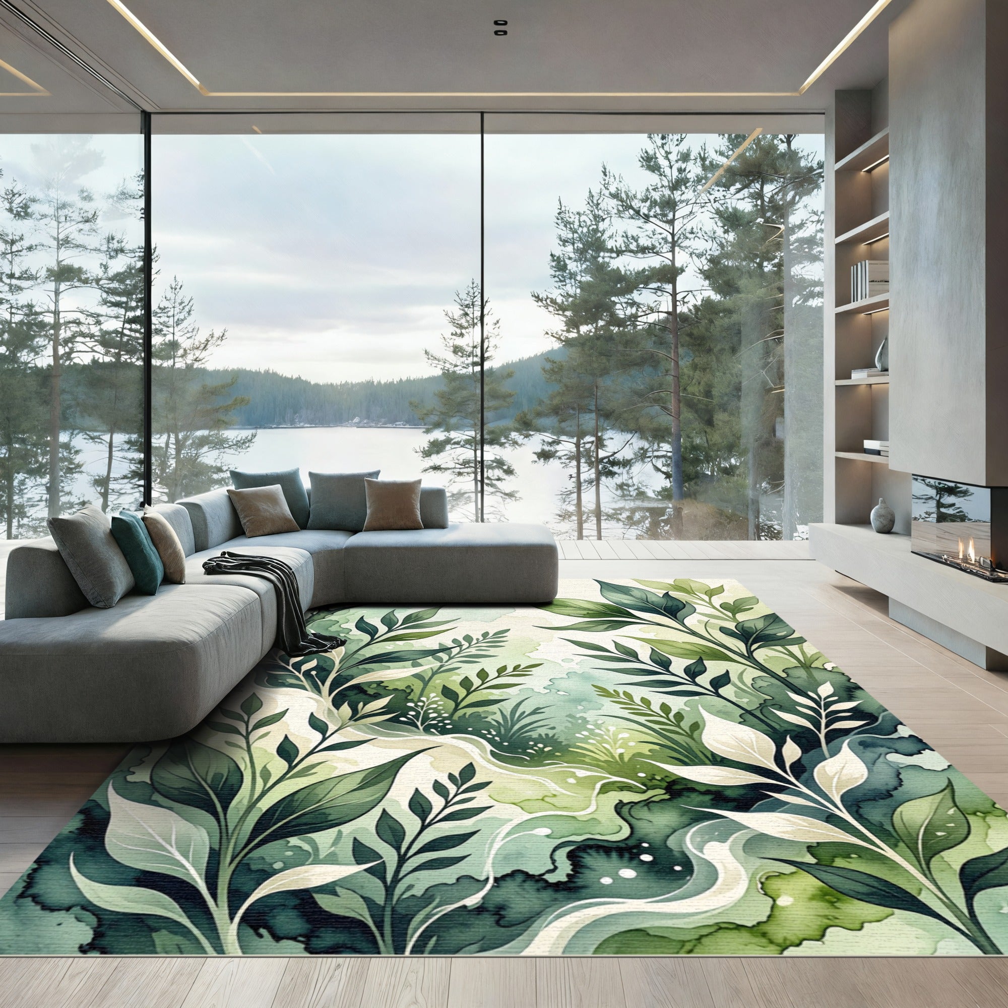 Ethereal Green Watercolor Leafy Grove Rug