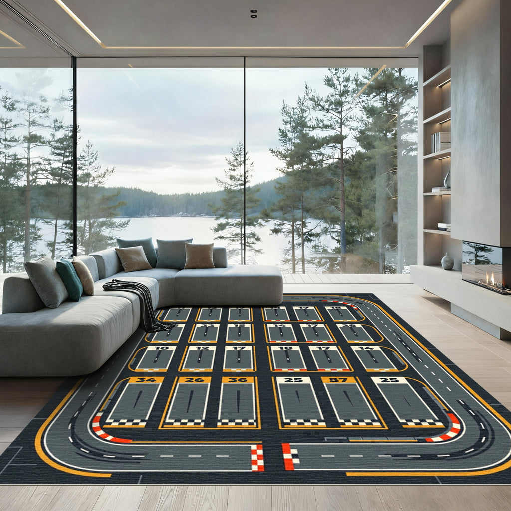Colorful Geometric Racing Track Grid Rug