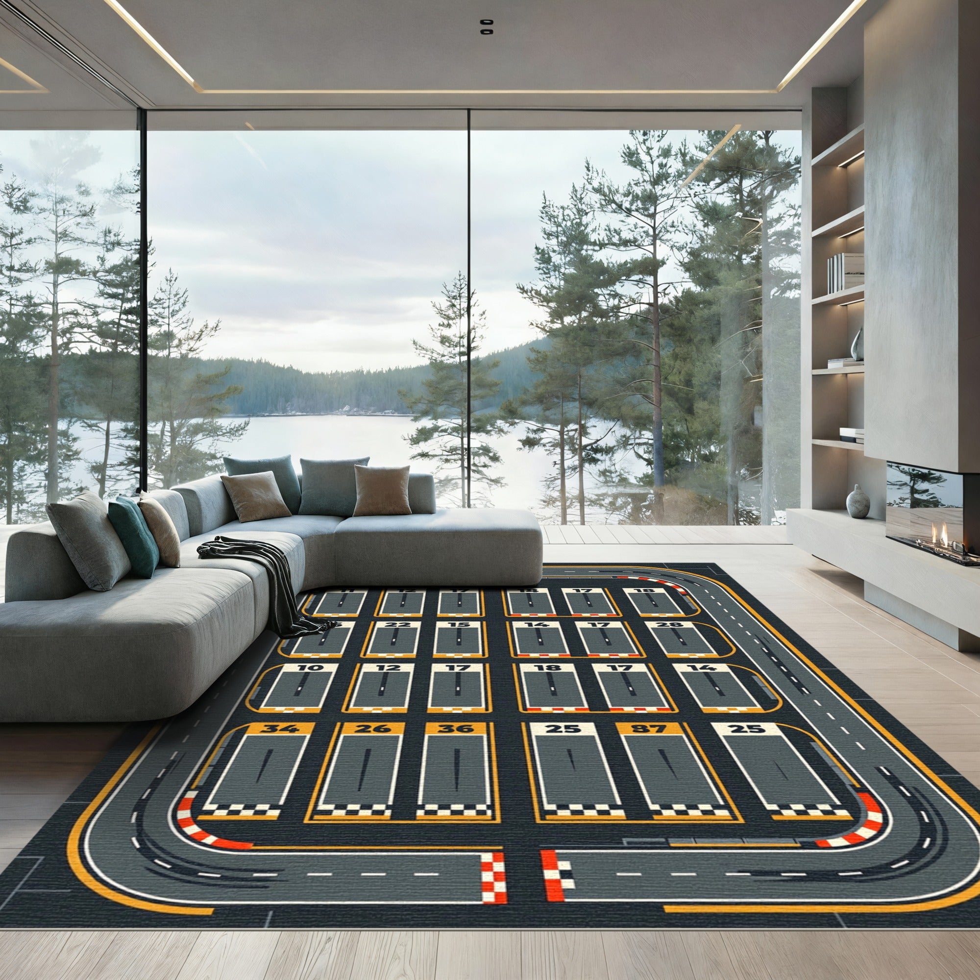 Colorful Geometric Racing Track Grid Rug