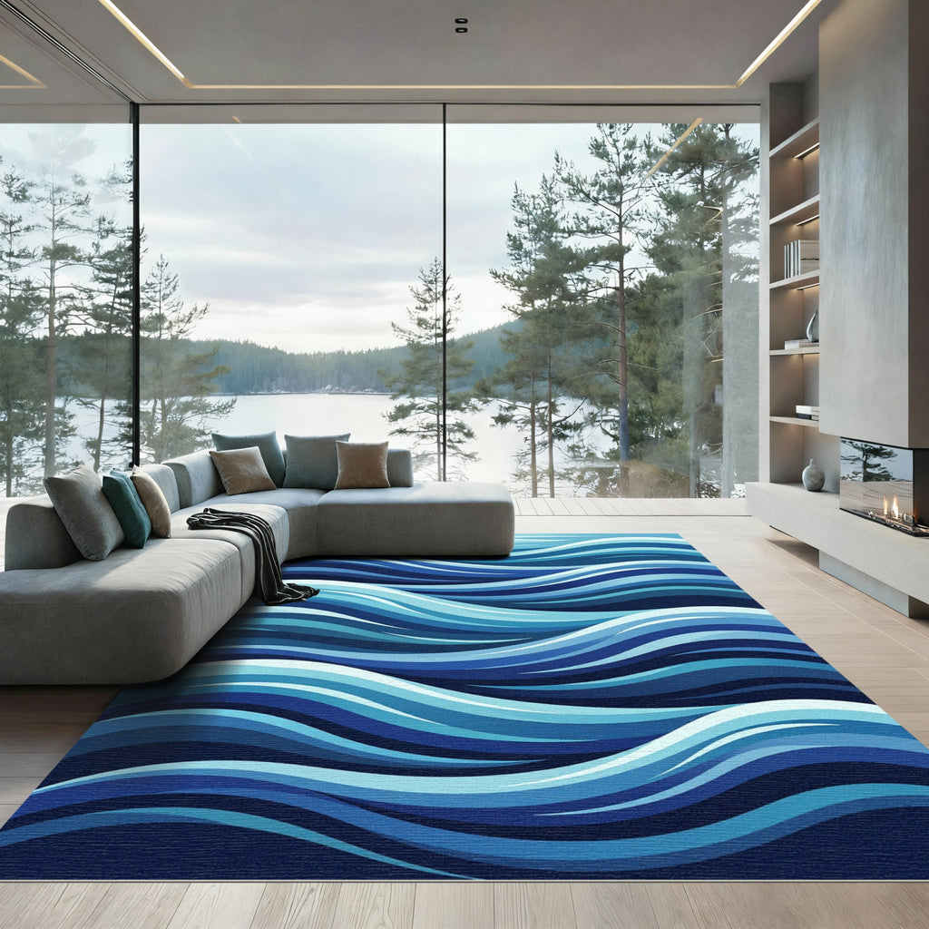 Deep Blue Ocean Wave Curves Rug