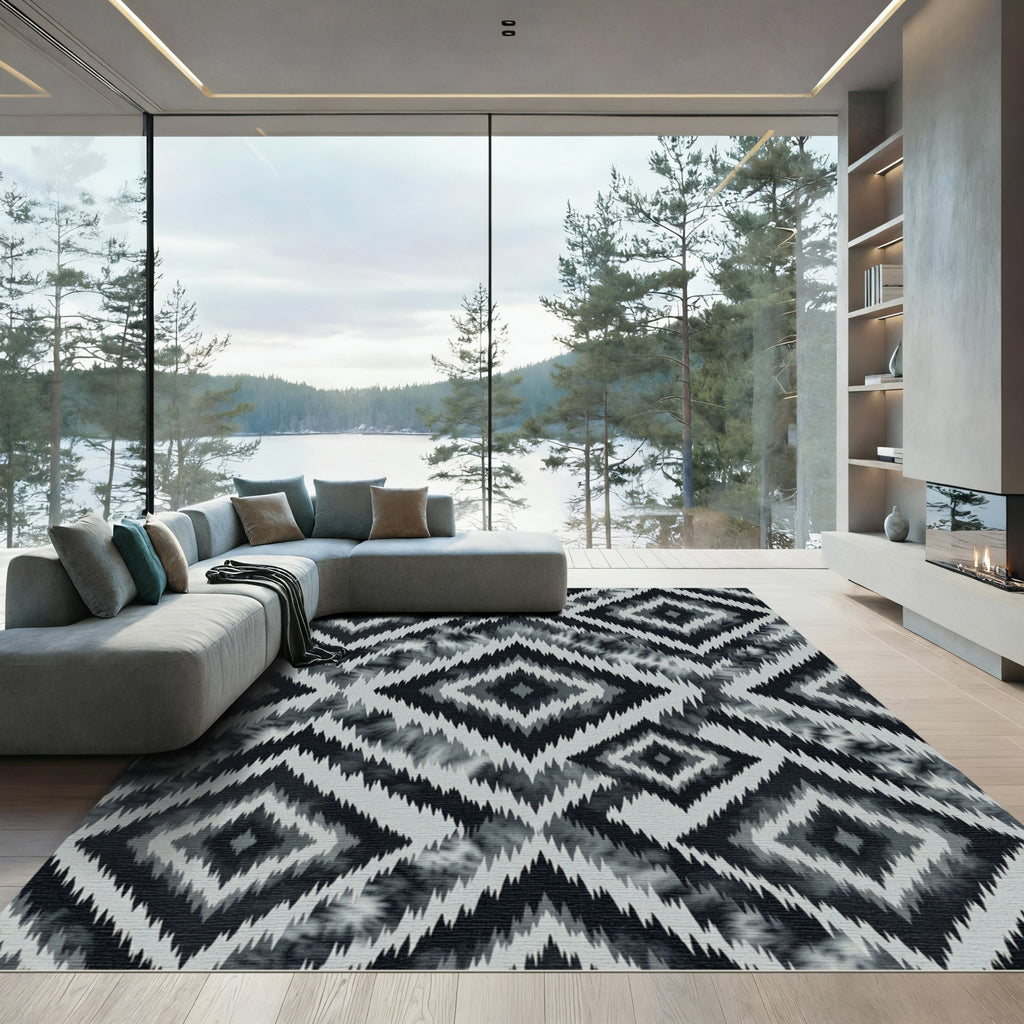 Monochrome Sharp Geometric Diamond Ikat Rug