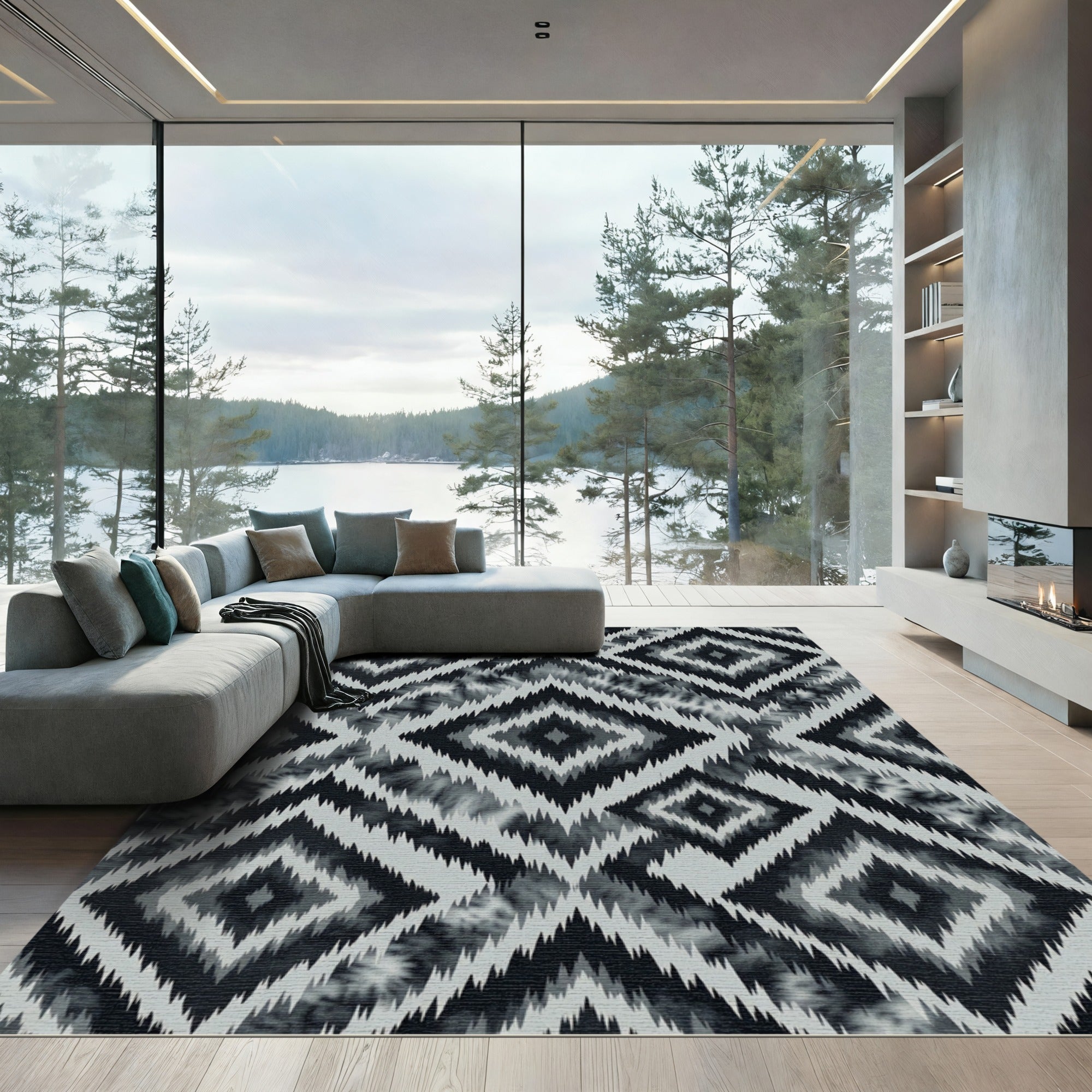 Monochrome Sharp Geometric Diamond Ikat Rug