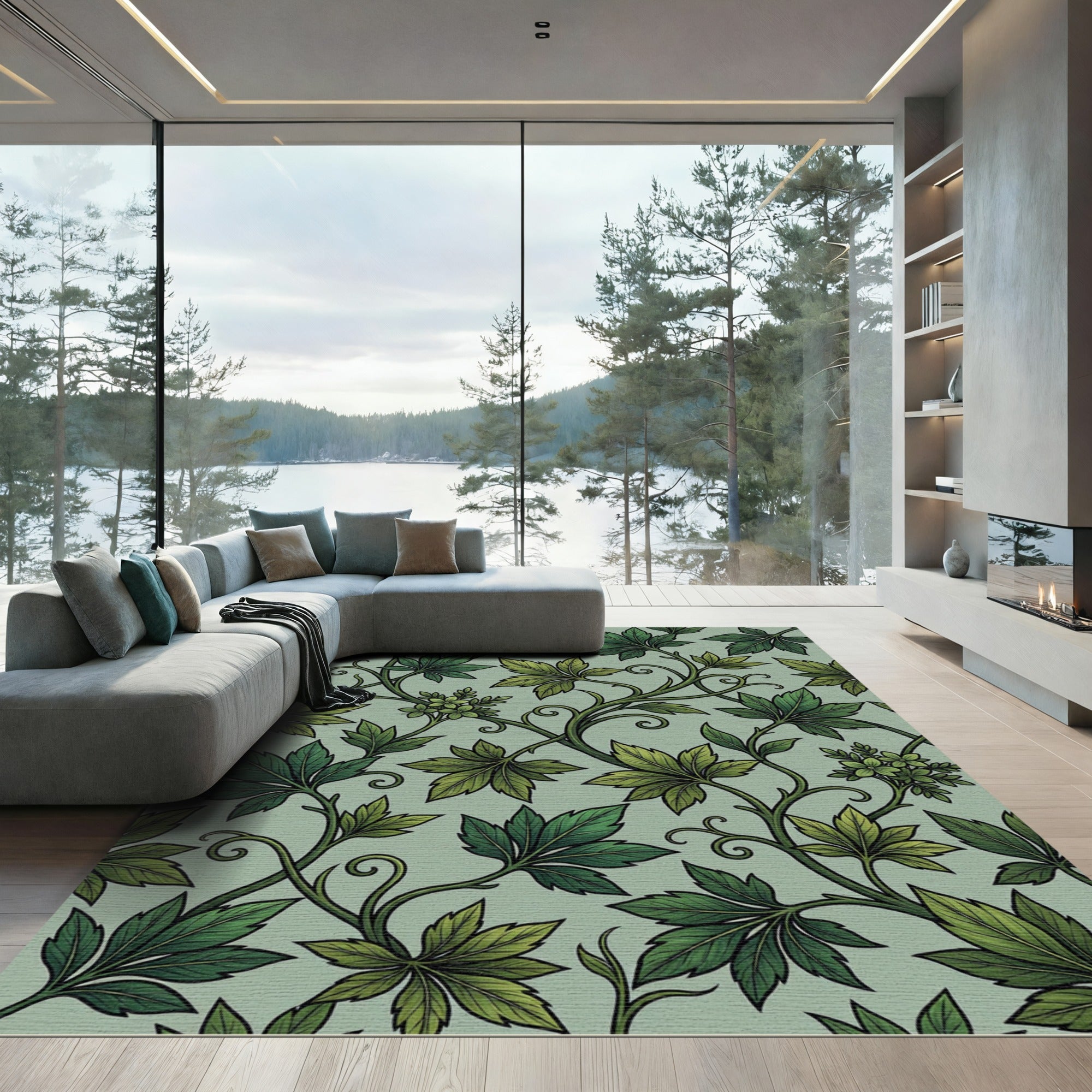 Green Vine Leaf Swirl Arrangement Rug