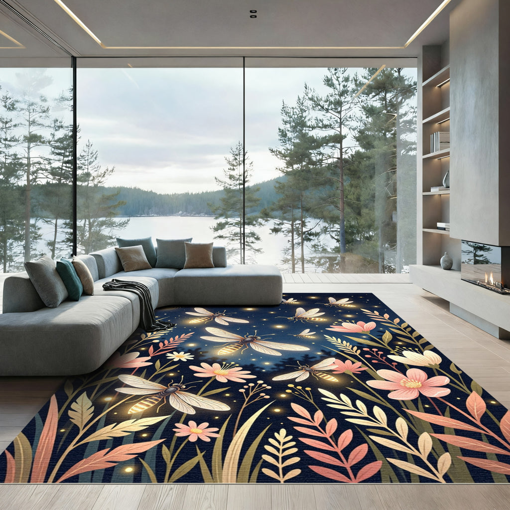 Luminous Firefly and Glowing Floral Field Rug