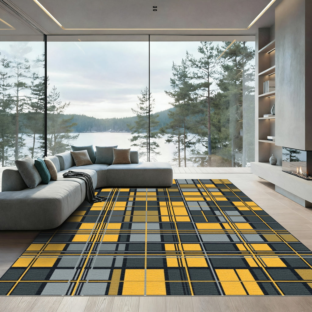 Gold Gray Yellow Plaid Checkered Rug