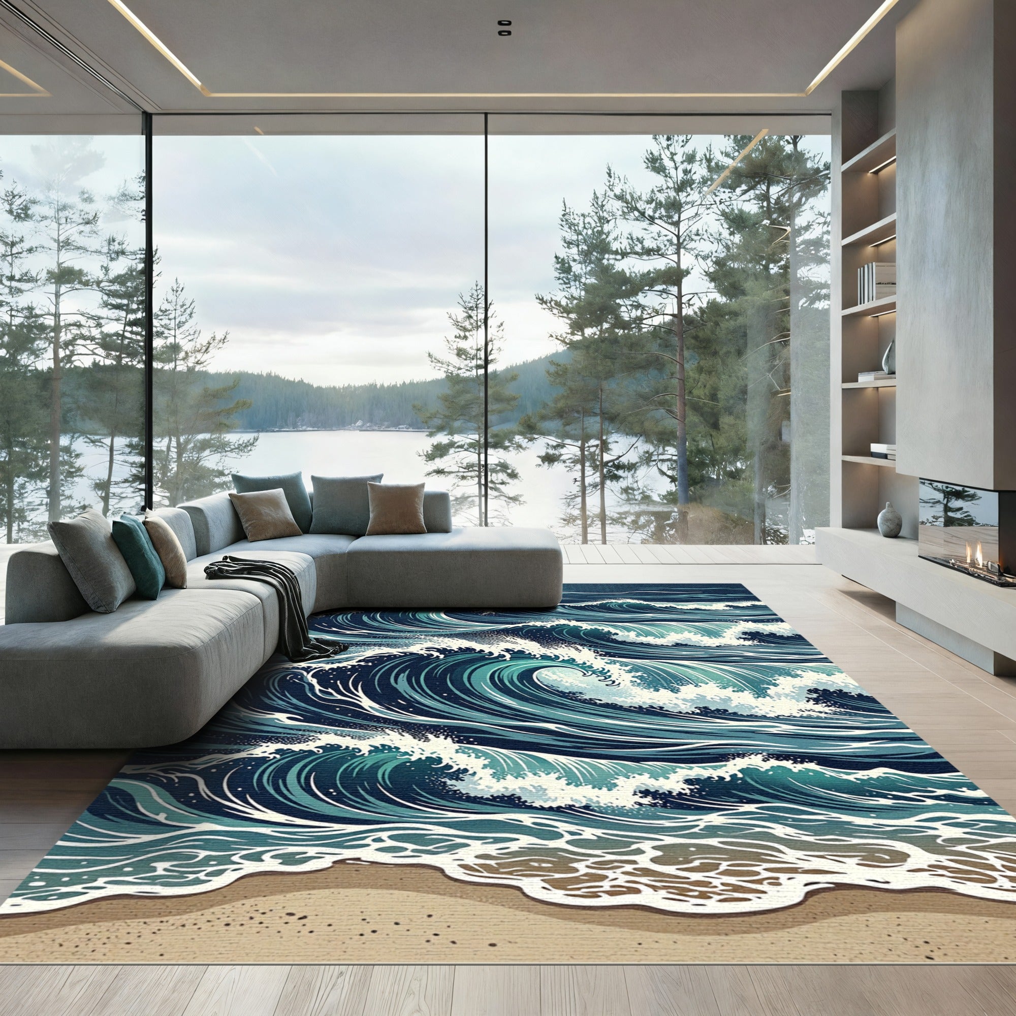 Deep Blue Ocean Wave Composition Rug