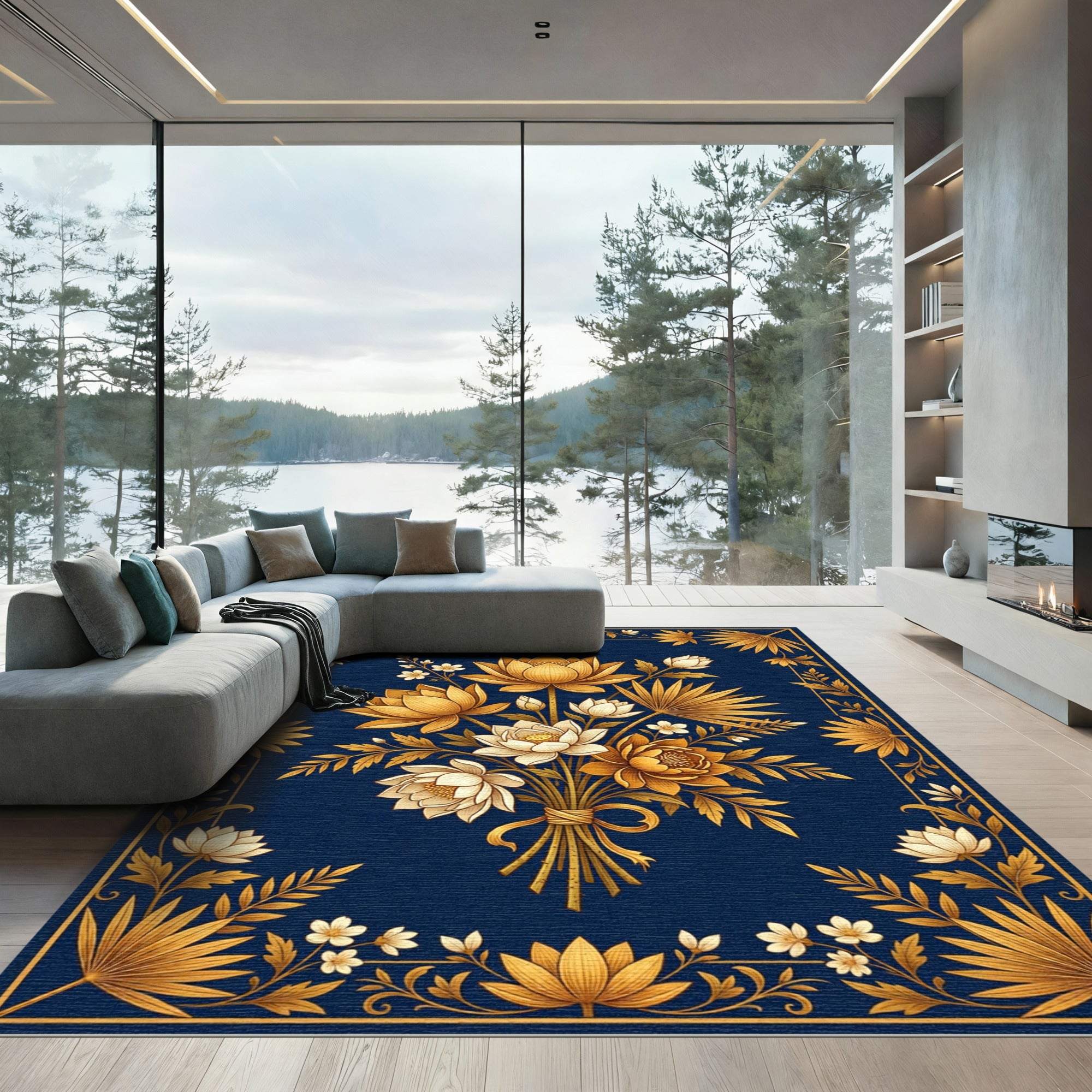 Gold Lotus Botanical Navy Accent Rug