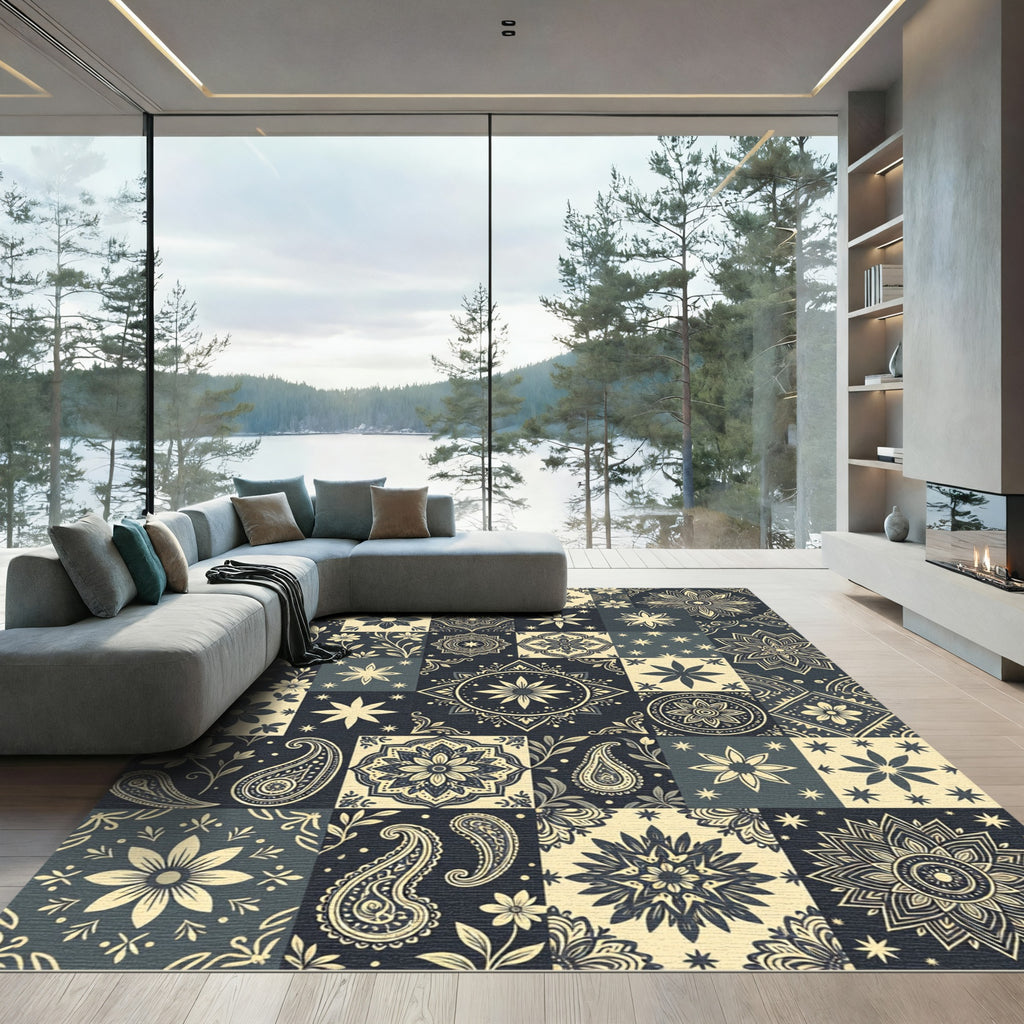 Midnight Navy Floral Paisley Tile Rug