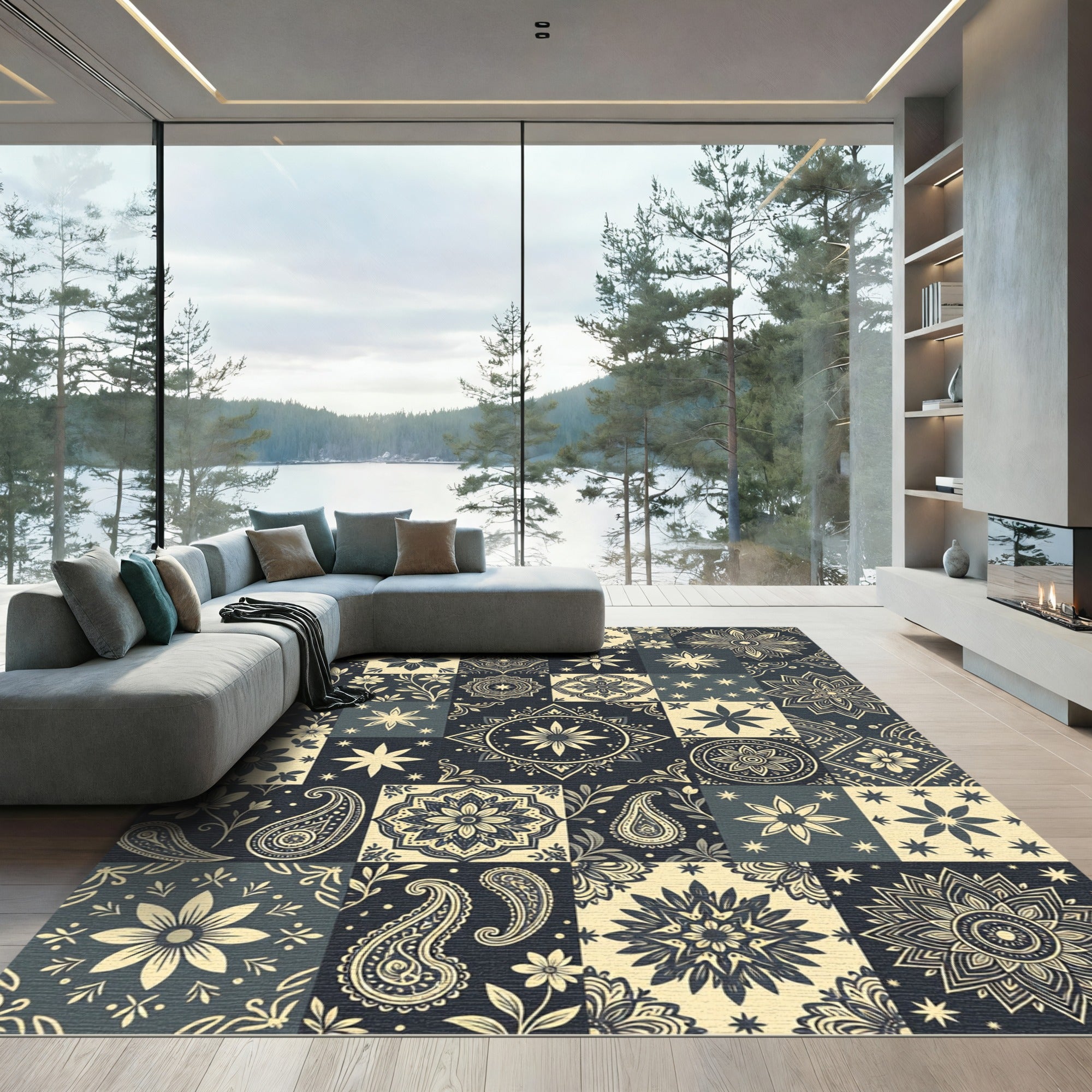 Midnight Navy Floral Paisley Tile Rug