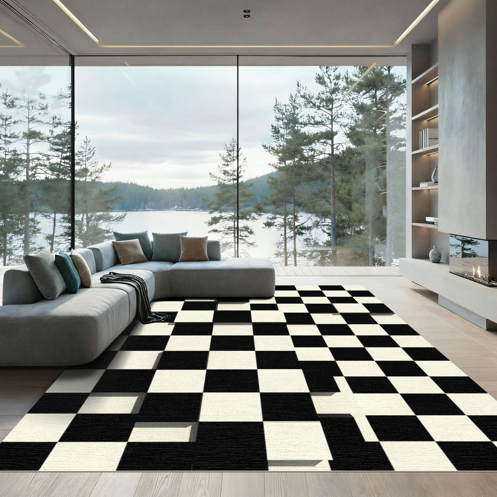 Black White Checkerboard Optical Illusion Rug