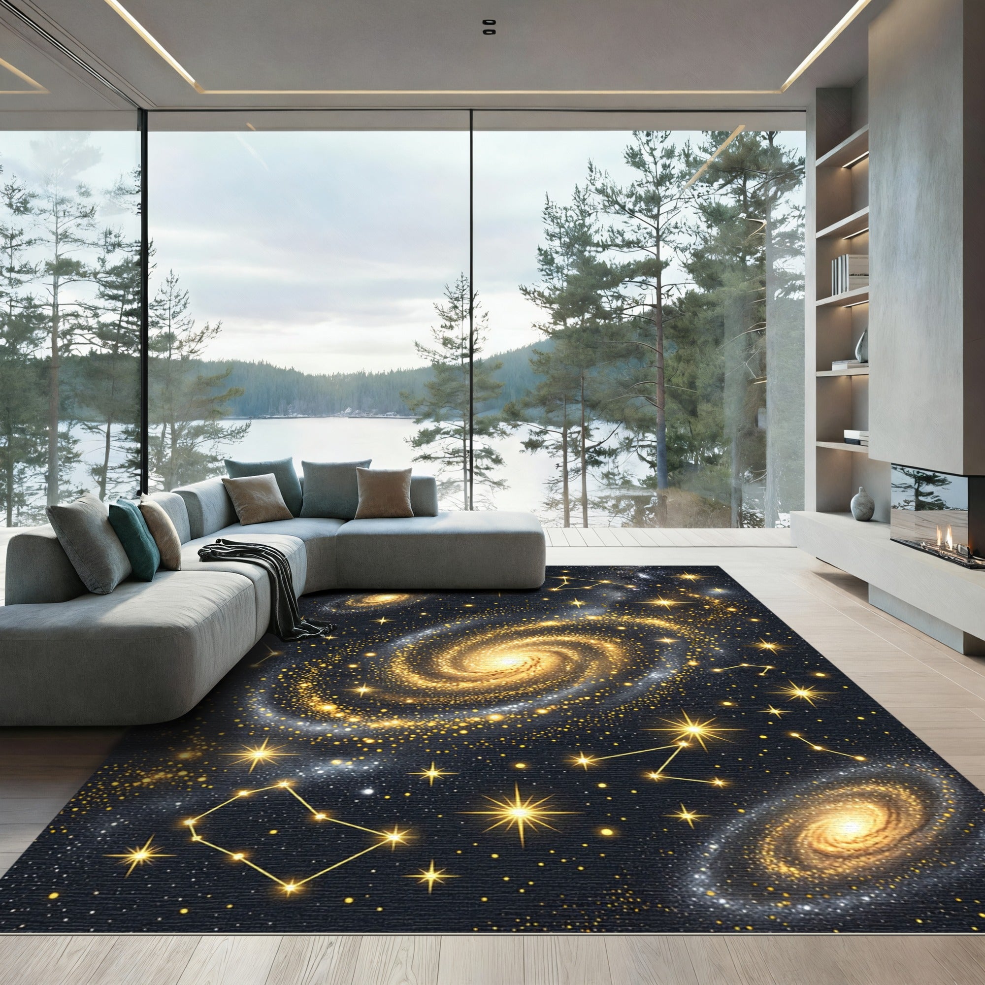 Golden Celestial Galaxy Starry Night Rug