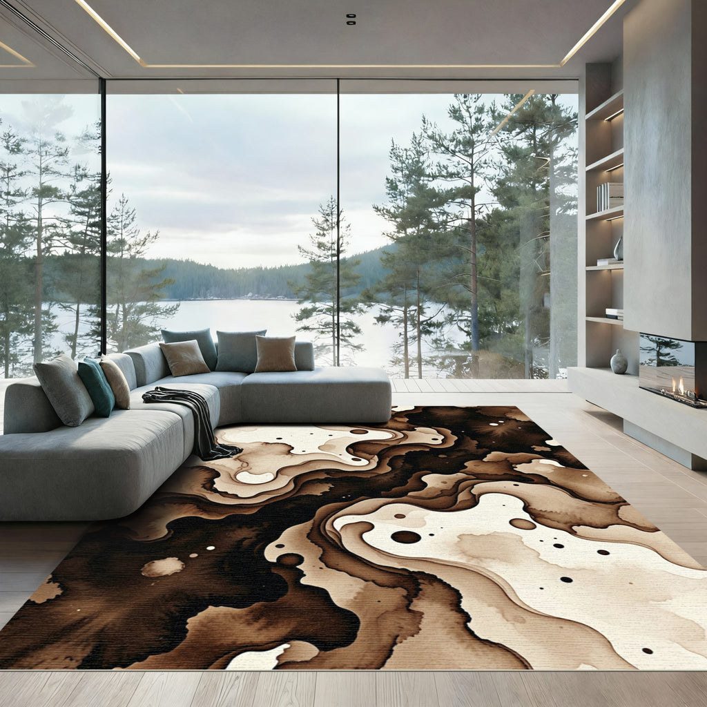 Coffee Ink Flow Abstract Swirl Rug