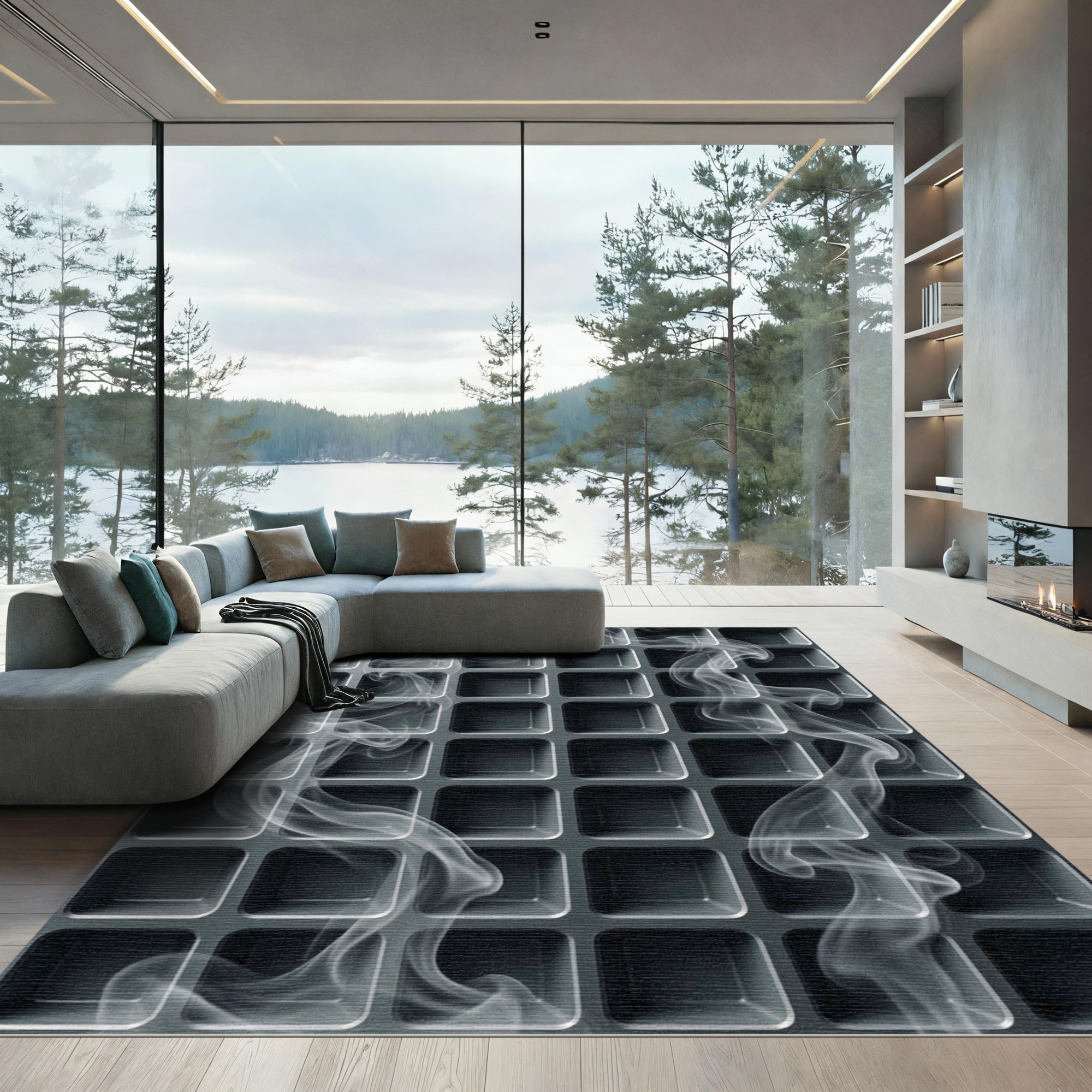 Monochromatic Gray Geometric Grid with Smoke Rug