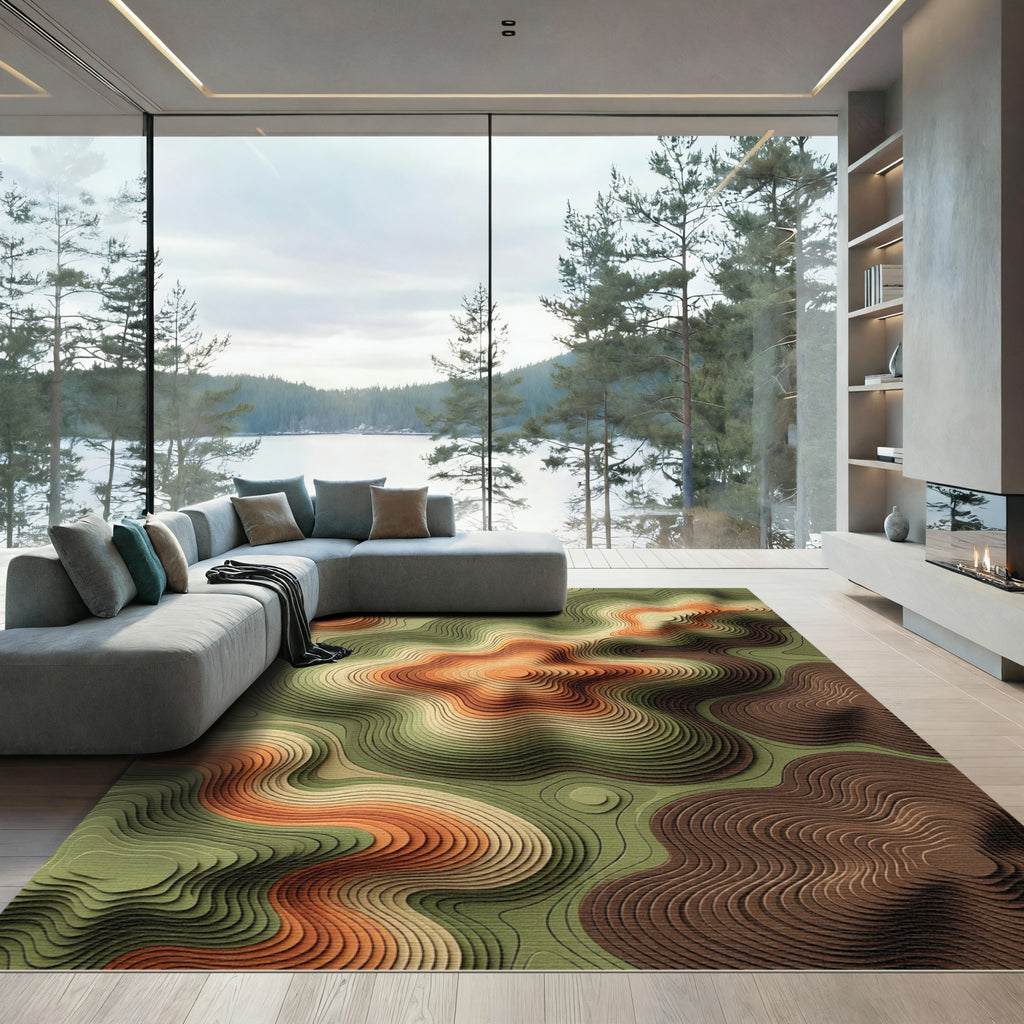 Earthy Contoured Topographic Layered Abstract Rug
