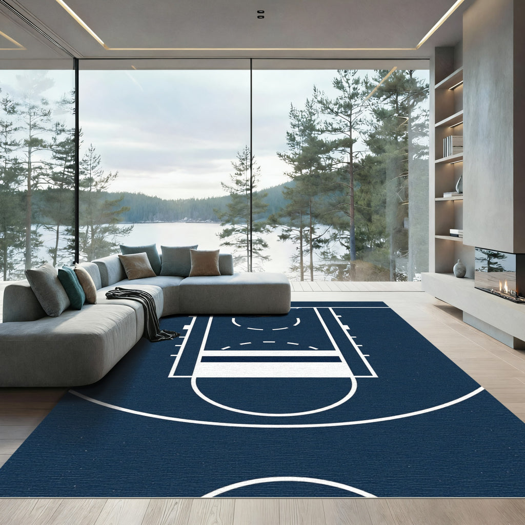 Minimalist Navy Basketball Court Graphic Rug