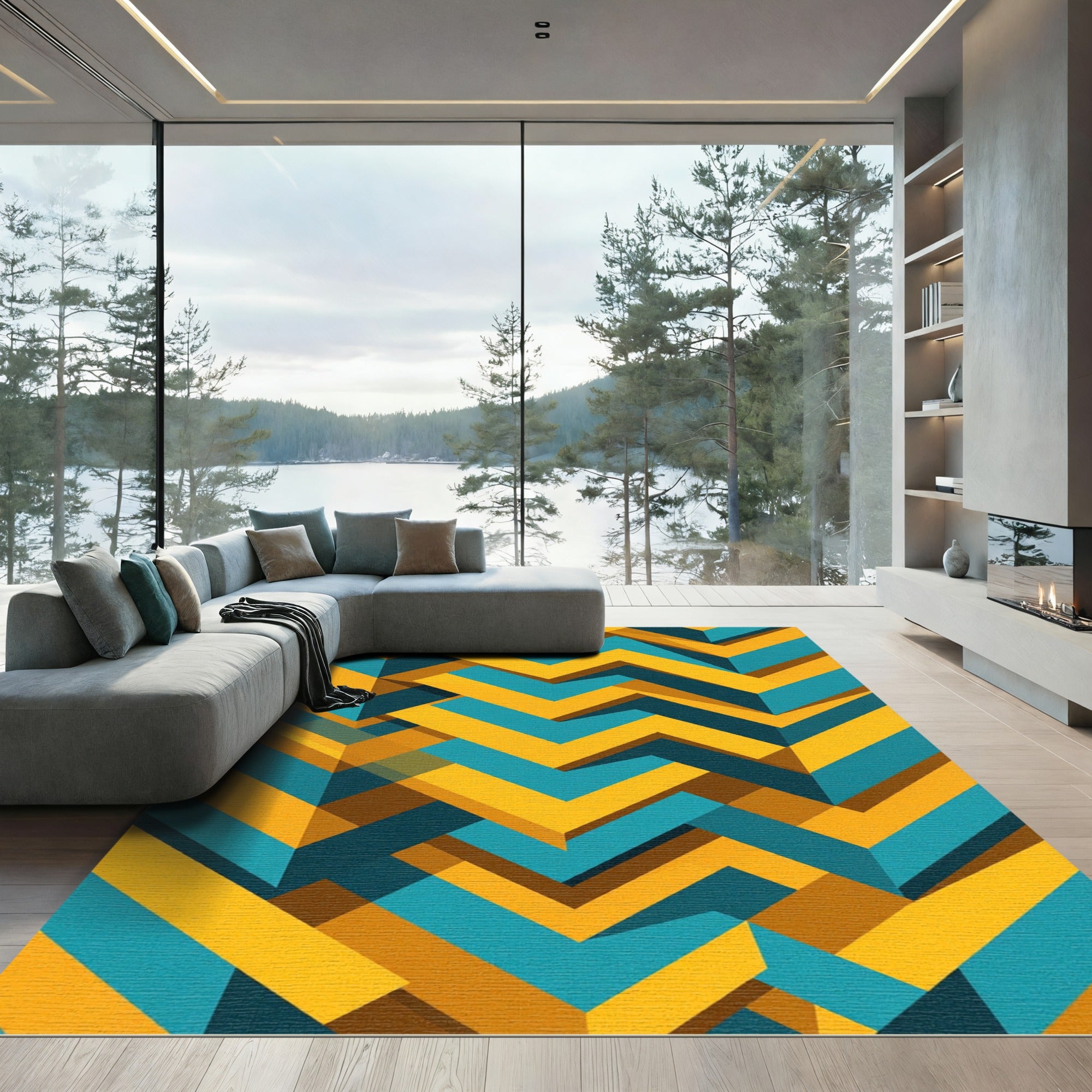 Geometric Teal and Gold Chevron Rug