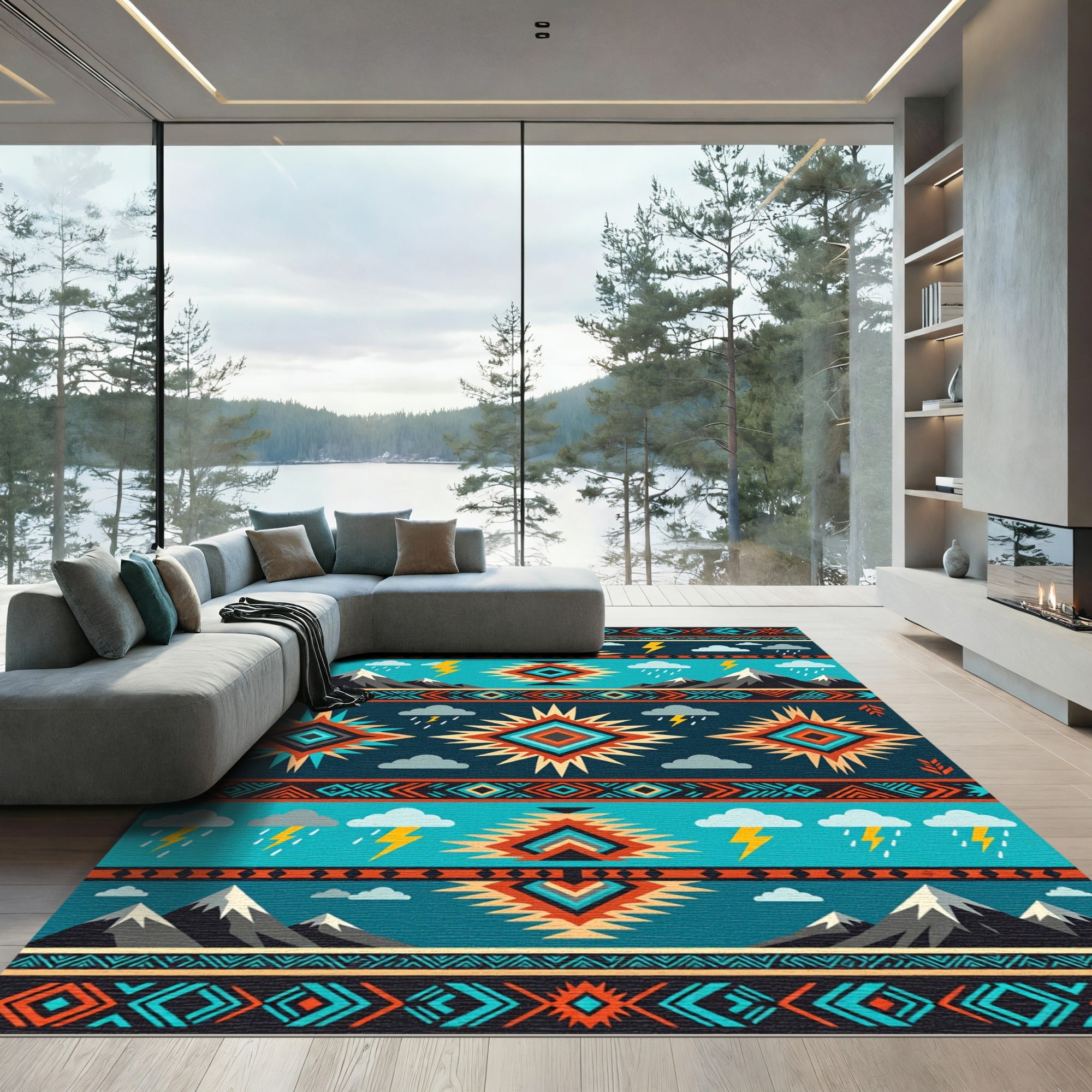 Southwestern Geo Mountain Bolt Teal Rug
