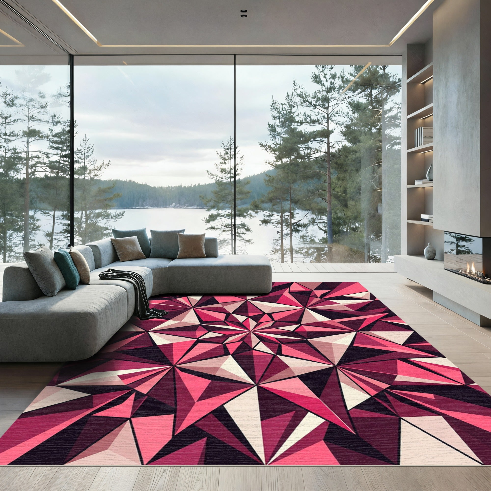 Modern Geometric Ruby Prism Art Rug
