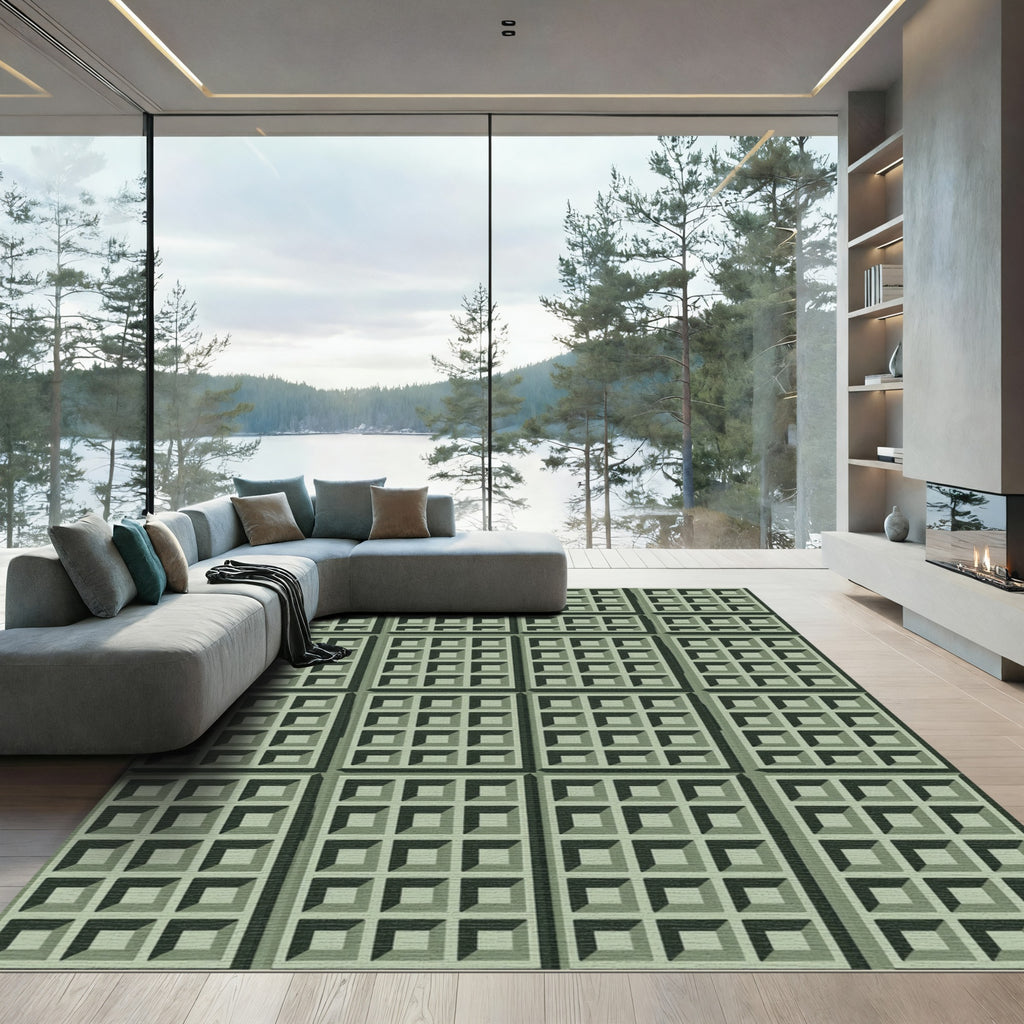 Sage Green Grid Geometric Box Rug