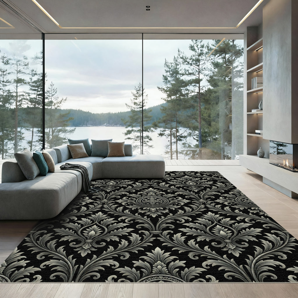 Elegant Silver Damask Scroll Black Rug