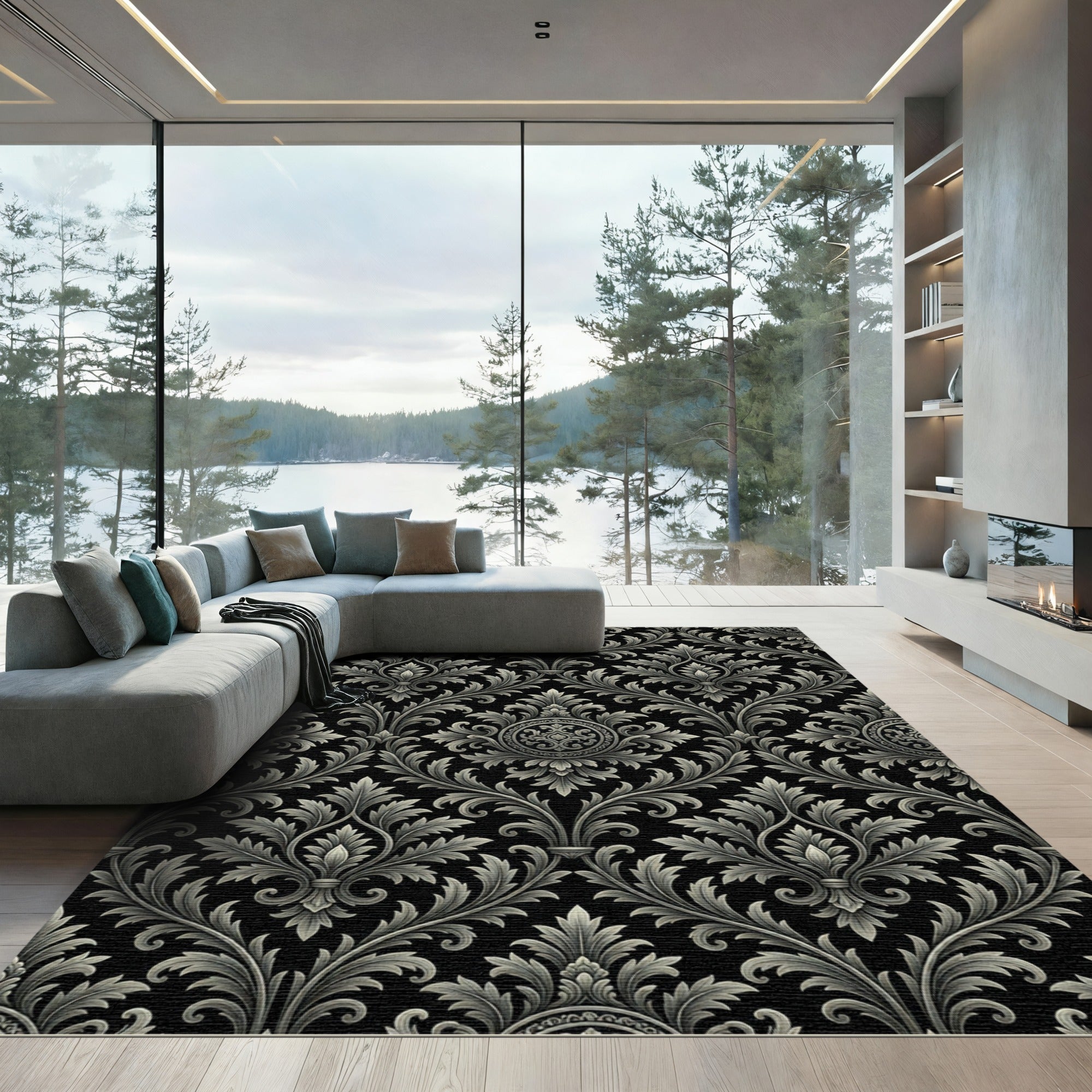 Elegant Silver Damask Scroll Black Rug