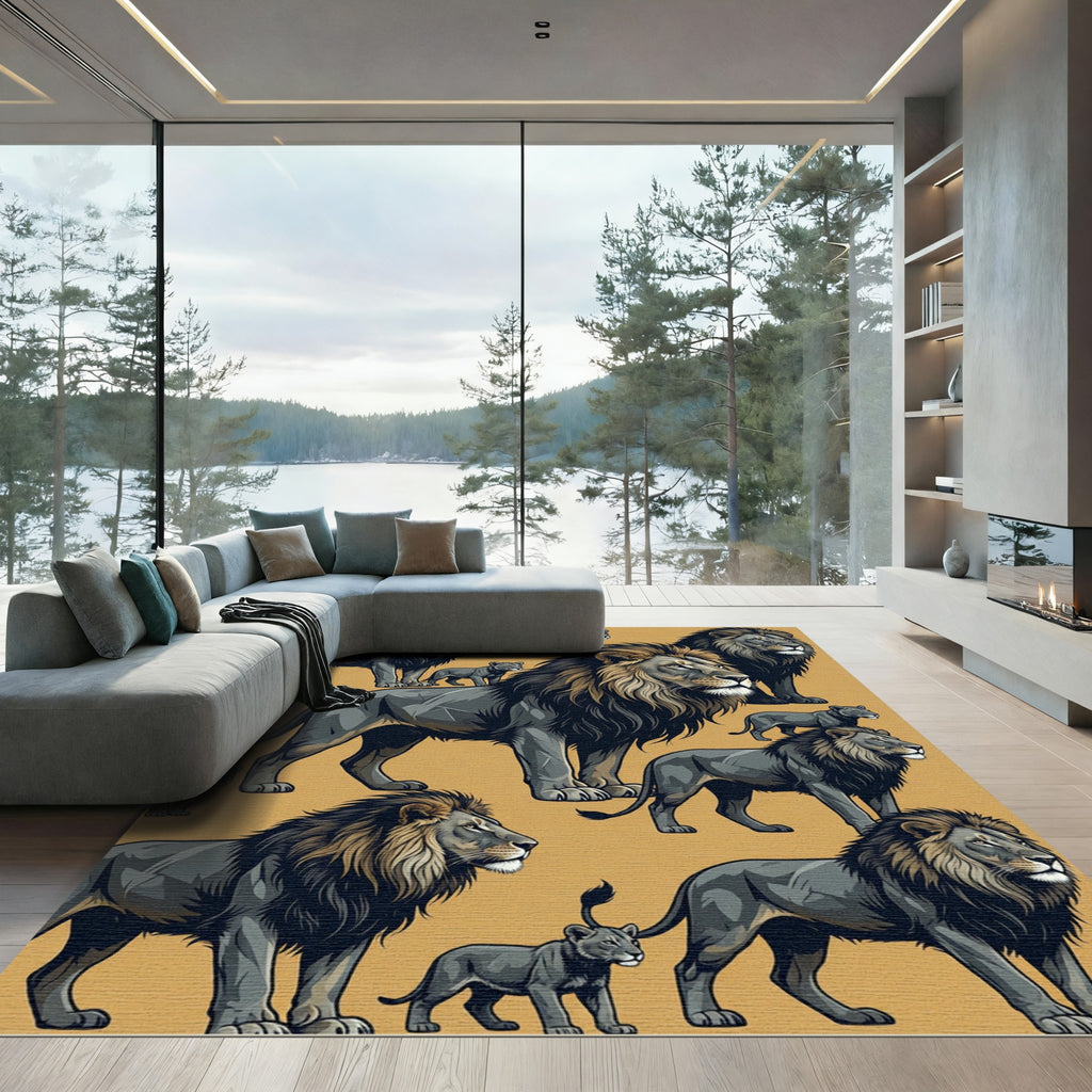 Majestic Gray Lion Pride Ochre Rug