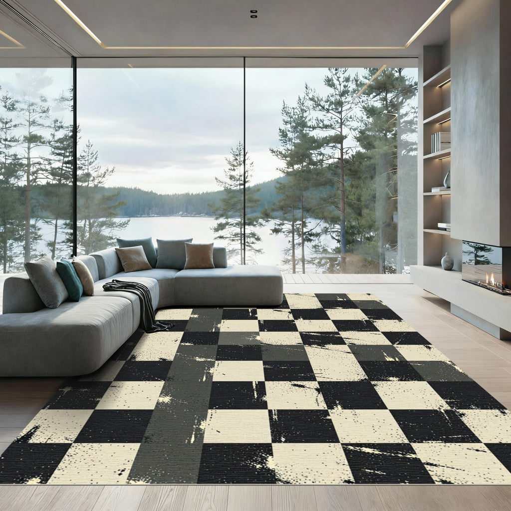 Distressed Monochrome Checkered Grid Rug