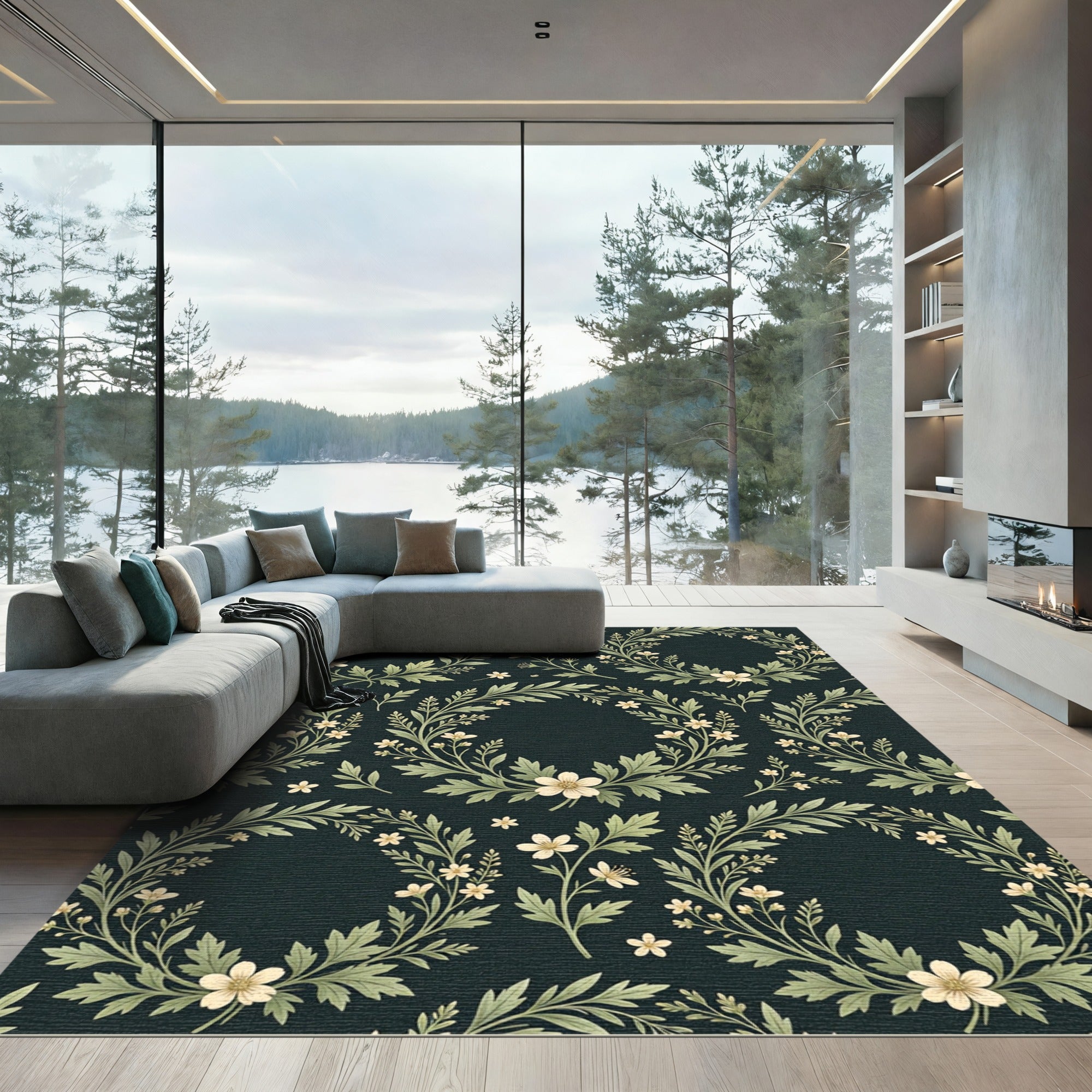 Elegant Cream Floral Wreath Charcoal Rug