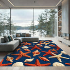 Vibrant Nautical Starfish and Seashell Deep Blue Rug