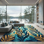 Teal and Gold Botanical Foliage Rug