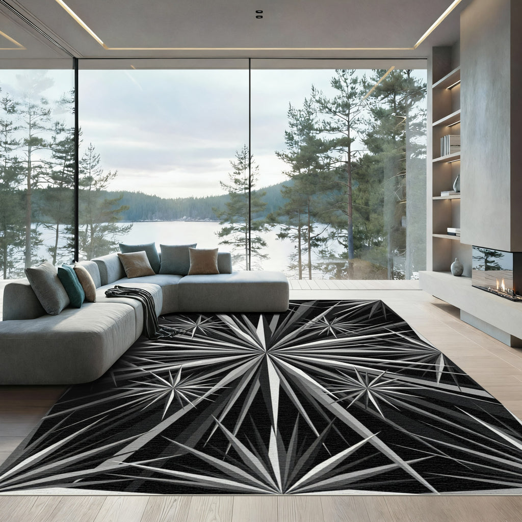 Sharp Black White Starburst Rays Rug