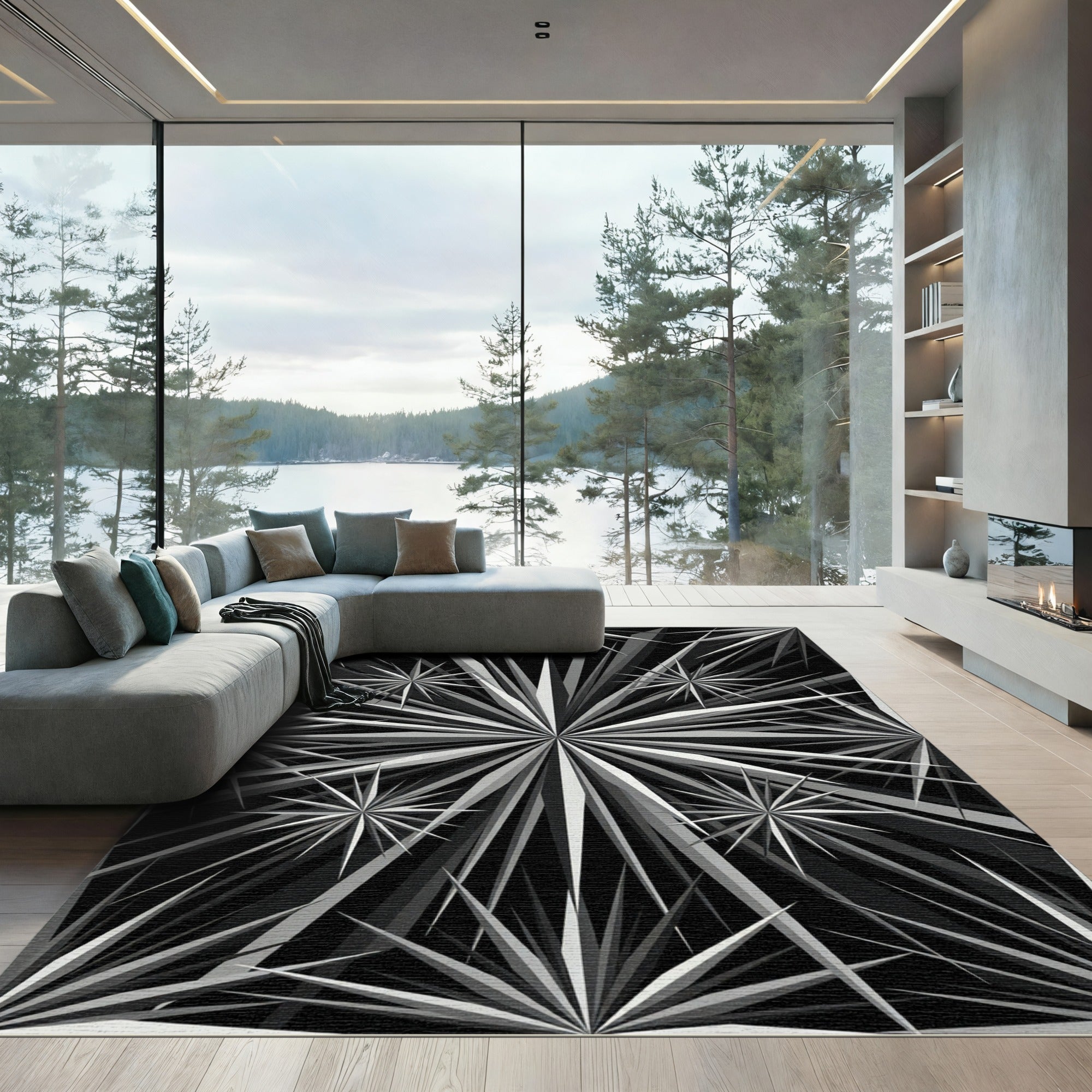 Sharp Black White Starburst Rays Rug