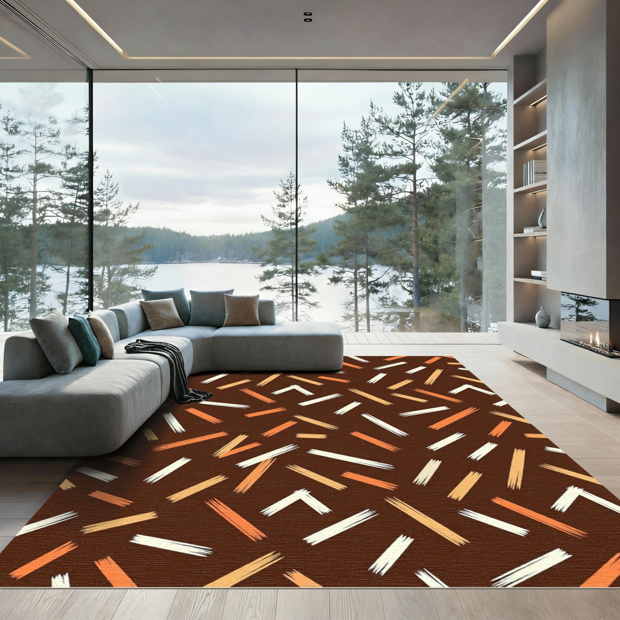 Brown Orange White Brush Stroke Scatter Rug