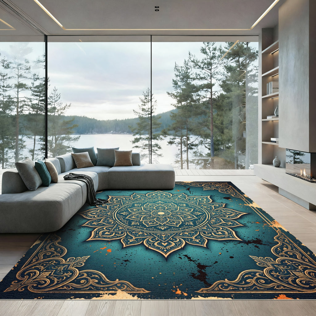Teal Mandala Flourish Aged Rug