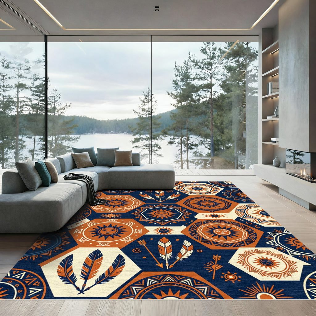 Celestial Hexagon Sun Feather Indigo Terracotta Rug