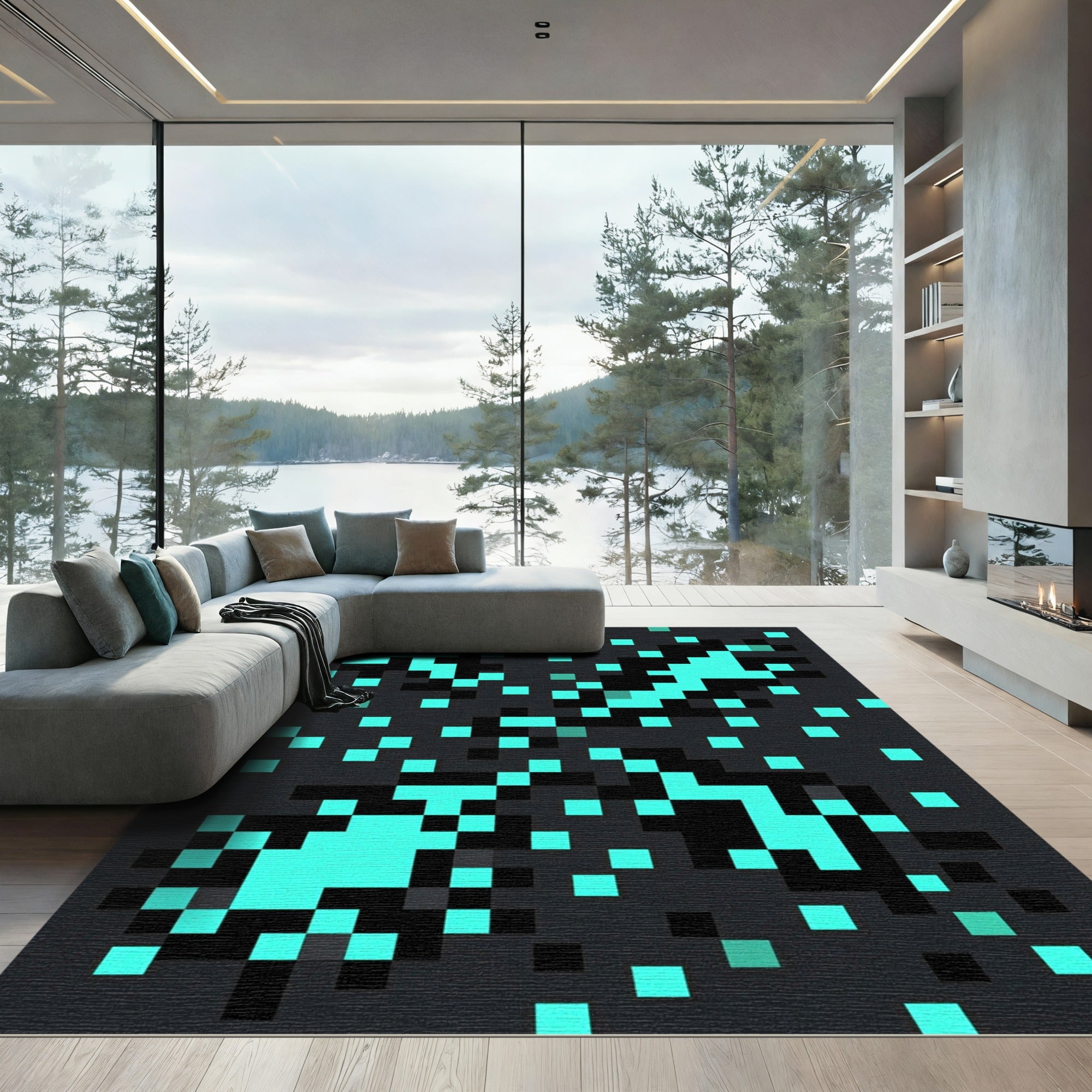 Cyan Pixelated Electric Storm Abstract Rug