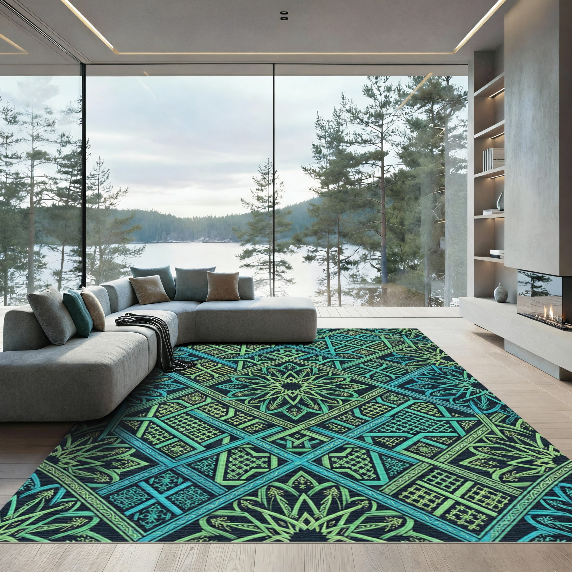 Intricate Emerald Teal Geometric Knot Rug