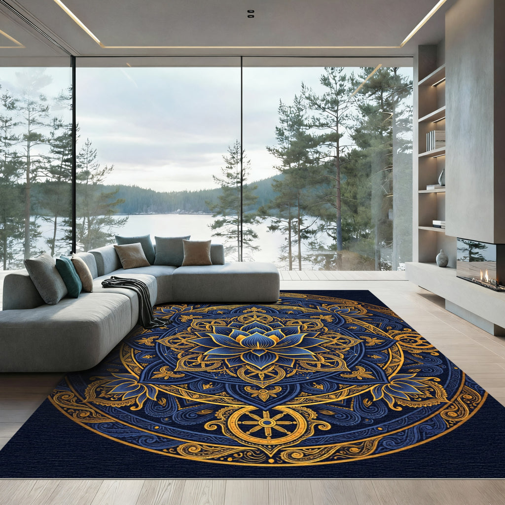 Golden Lotus Mandala Navy Circular Art Rug
