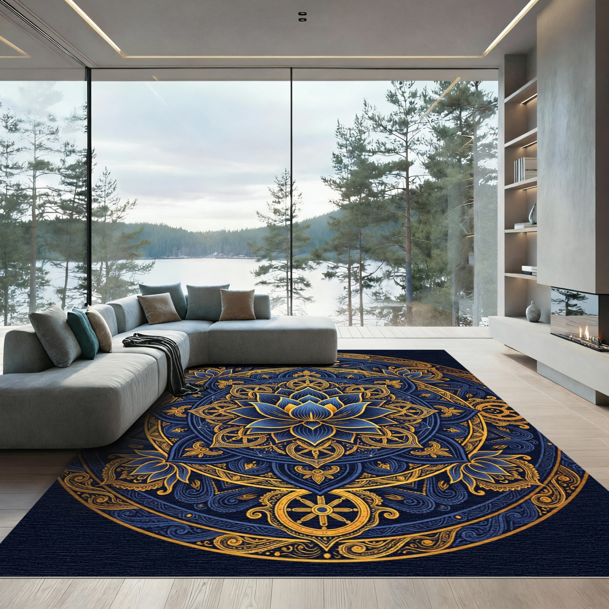 Golden Lotus Mandala Navy Circular Art Rug